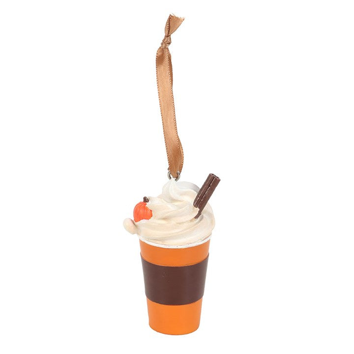 Pumpkin Spice Latte Hanging Ornament: ceramic cup with whipped cream, cinnamon stick and pumpkin garnish, ribbon hanger