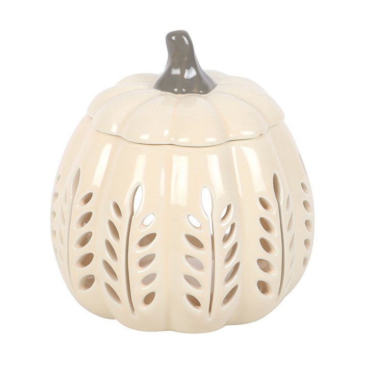Cream Leaf Cut Out Pumpkin Oil Burner and Wax Warmer, perfect for adding autumn elegance to your home.
