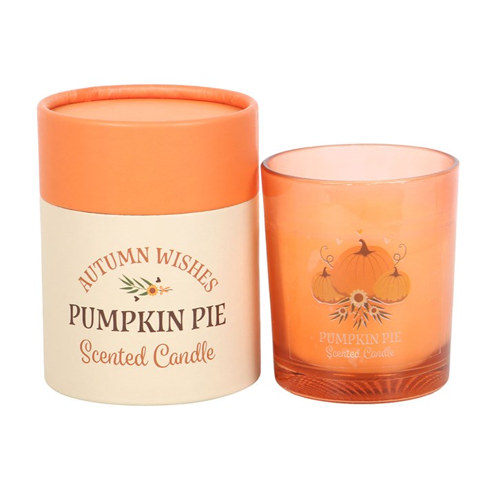 Autumn Wishes Pumpkin Pie Candle in a glass holder, beautifully packaged for cosy autumn evenings and gifting.