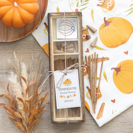 Pumpkin Pie Incense Gift Set, featuring scented sticks, cones, and a pumpkin holder for a cosy autumn atmosphere.