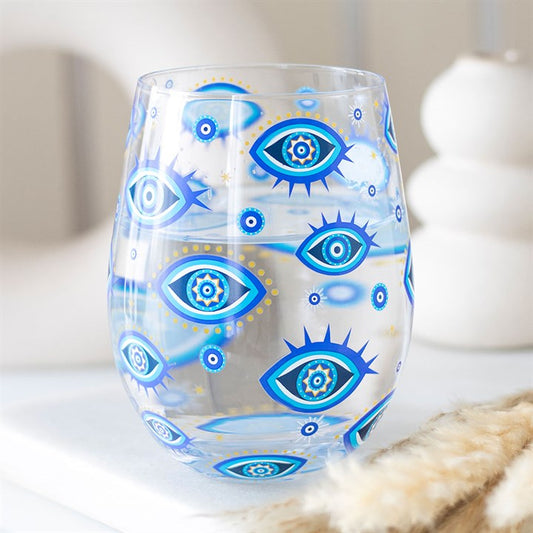 Stylish All Seeing Eye Print Stemless Glass with blue eye design and gold stars, perfect for mystical celebrations.