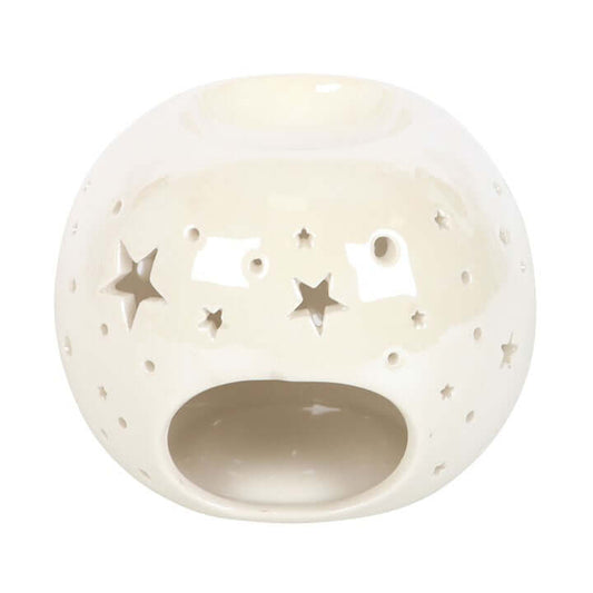 White Iridescent Star Oil Burner and Wax Warmer with pearl finish and star cut-outs for soft illumination.