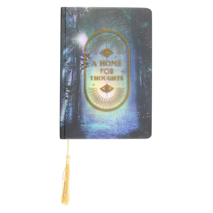 A Home For Thoughts A5 Notebook featuring a mystical forest design and gold detailing, perfect for creative ideas.