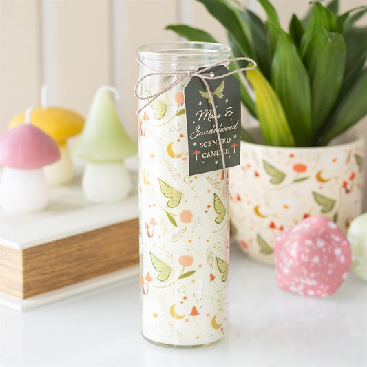 Fairy Folklore Print Moss candle in a printed glass Moss & Sandalwood tube, woodland enchantment.