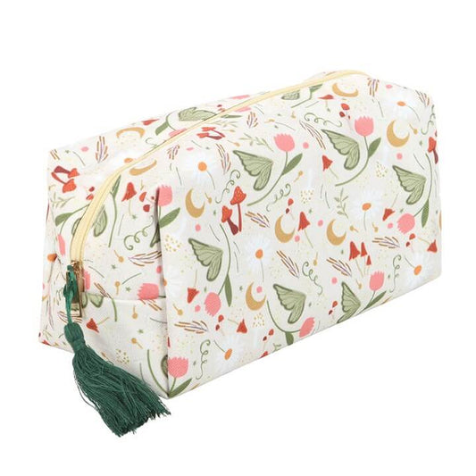 Fairy Folklore print makeup bag with secure zip closure and green tassel on white background.