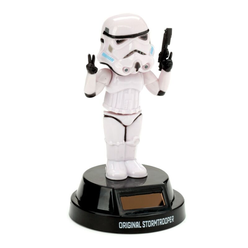 Solar Pal: The Original Stormtrooper Peace figurine on a desk stand, solar-powered, peace pose.