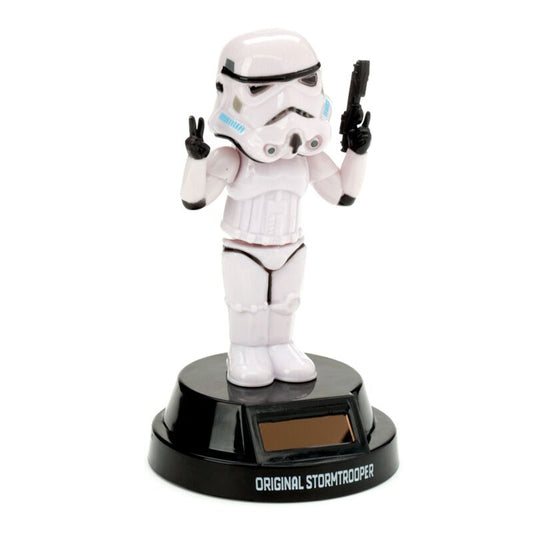 Solar Pal: The Original Stormtrooper Peace figurine on a desk stand, solar-powered, peace pose.