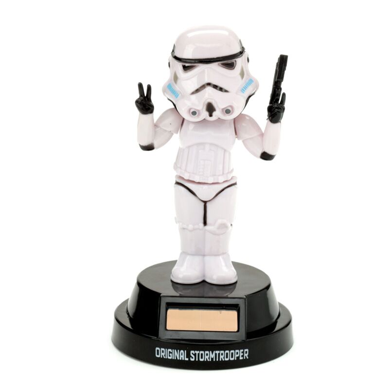 Solar Pal Original Stormtrooper Peace figurine on a black base, peace-sign pose; solar-powered desk display.
