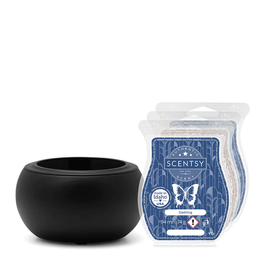 Mod – Black Warmer Father’s Day Bundle - Scentsy with three scented bars including Dashing, White Amber & Teak, and World Traveler