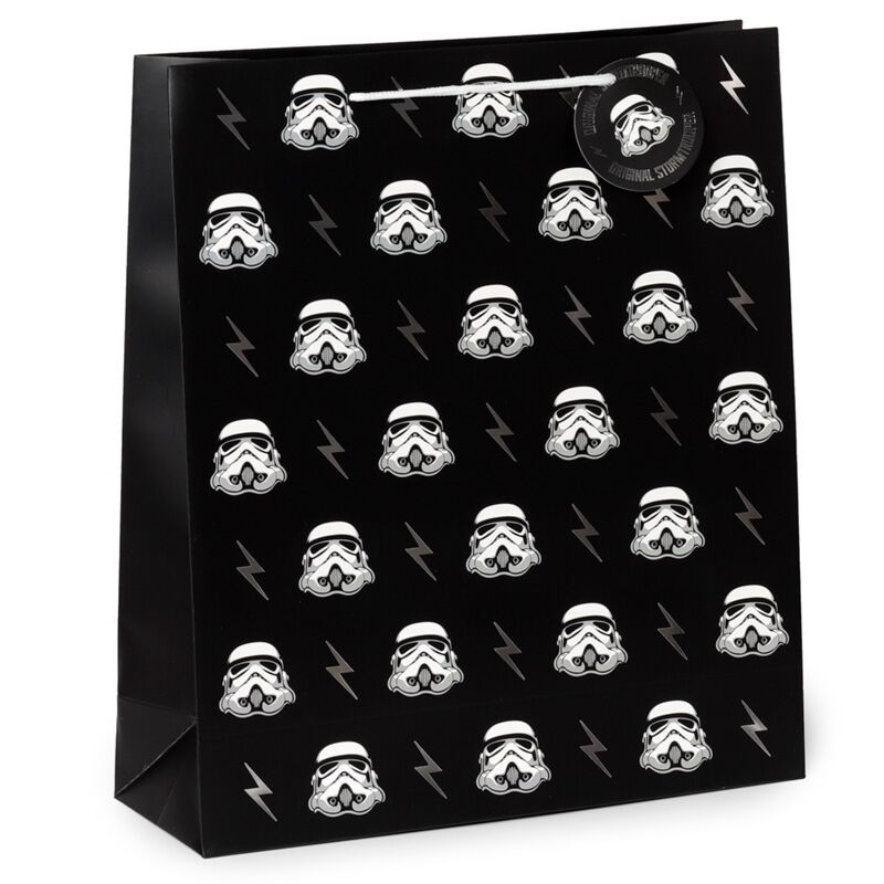 Extra-large black gift bag with a repeating Stormtrooper helmet pattern and bolts.