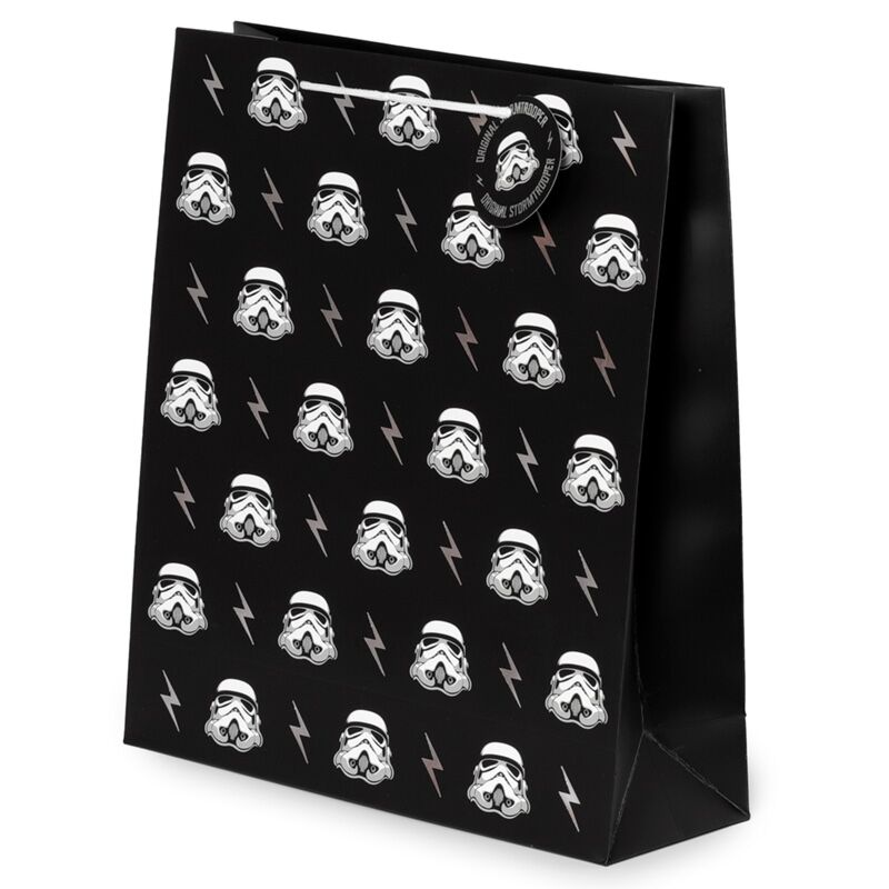Extra-large Stormtrooper gift bag with repeating helmet motifs on black background.