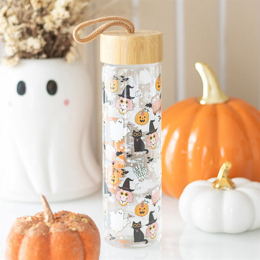 Groovy Ghost Print Glass Water Bottle with bamboo lid, featuring a fun Halloween design for stylish hydration.