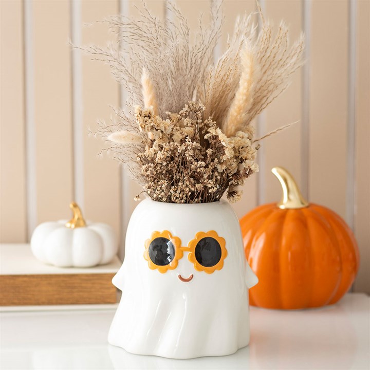 Groovy Ghost Vase with 60s sunglasses, perfect for autumn decor and seasonal flowers. A stylish spooky addition!