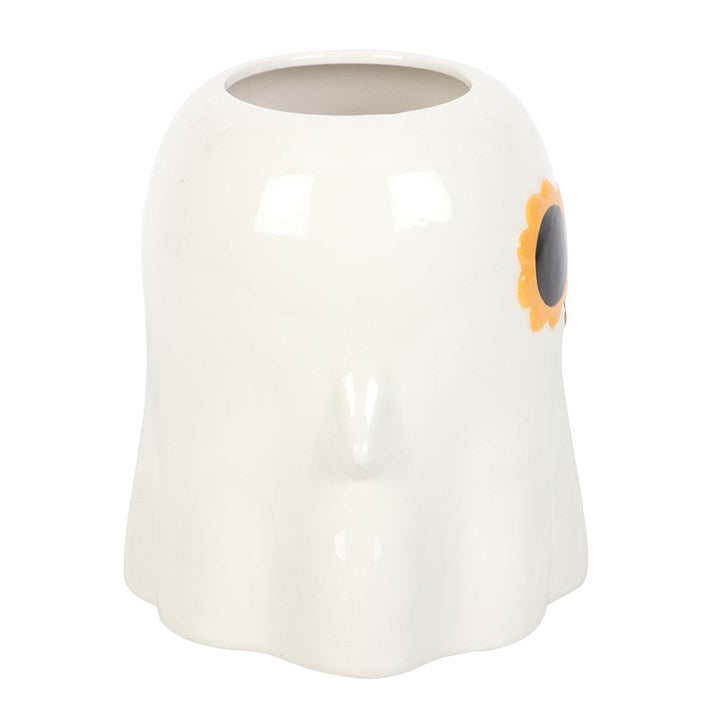 Ceramic Groovy Ghost Vase with 60s sunglasses, perfect for autumn decor and seasonal flowers. Ideal for Halloween.