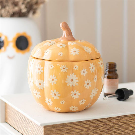 Groovy Floral Pumpkin Oil Burner – orange pumpkin with white daisies, Autumn Vibes fragrance, cosy decor.