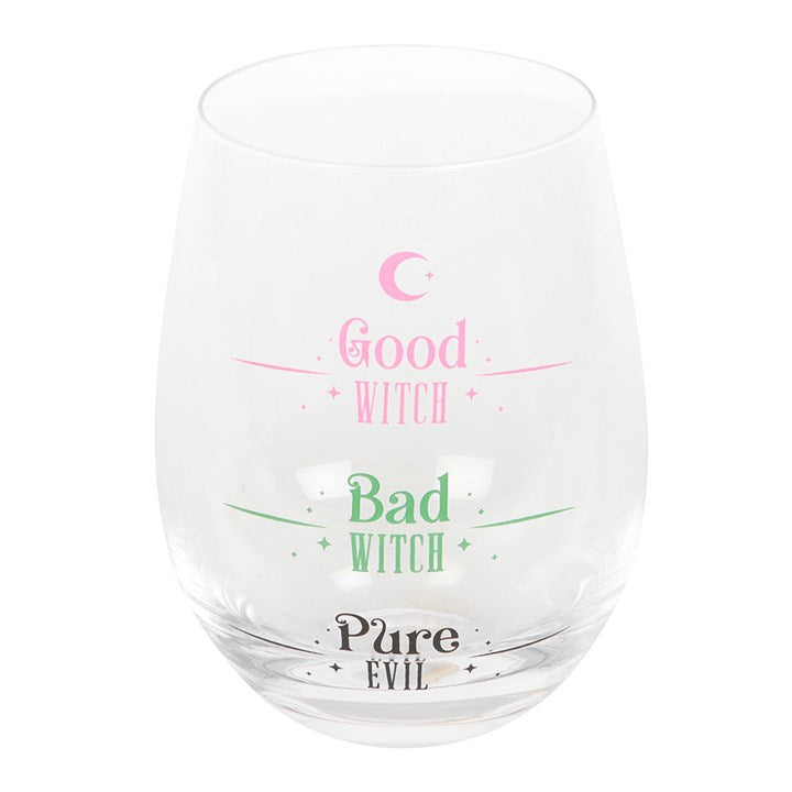 Good Witch, Bad Witch Stemless Glass features playful designs for sipping potions or prosecco, perfect for every mood.