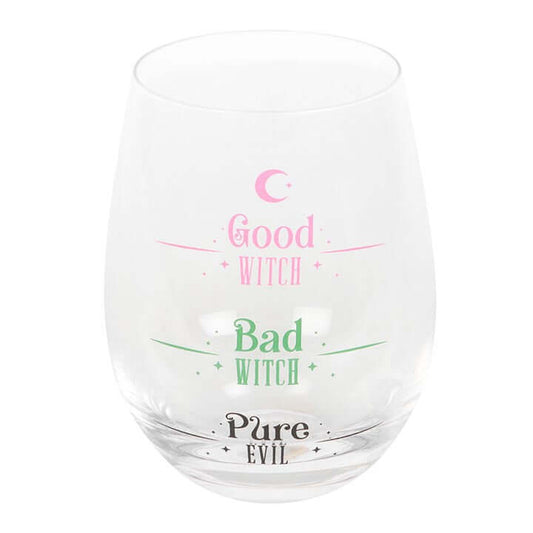 Good Witch, Bad Witch Stemless Glass features playful designs for sipping potions or prosecco, perfect for every mood.