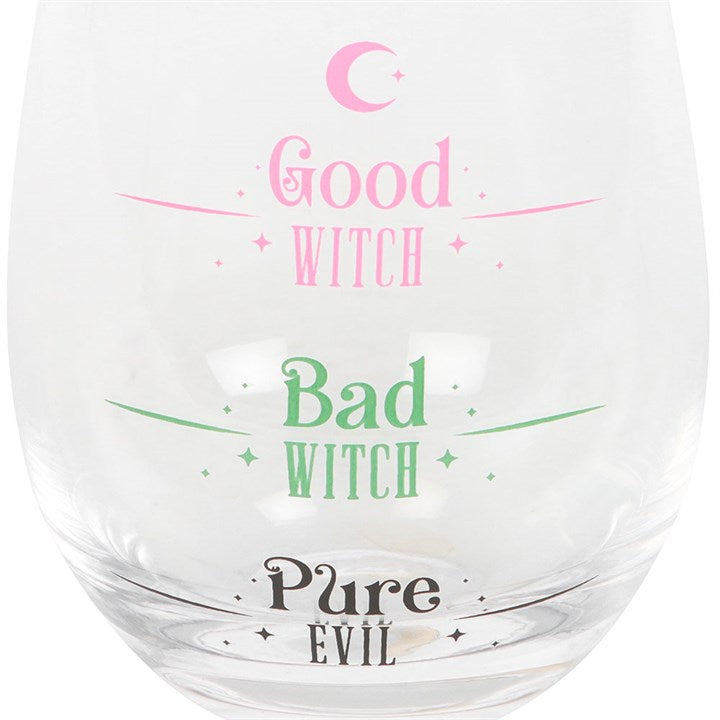 Good Witch, Bad Witch Stemless Glass featuring playful designs, perfect for sipping potions or prosecco.