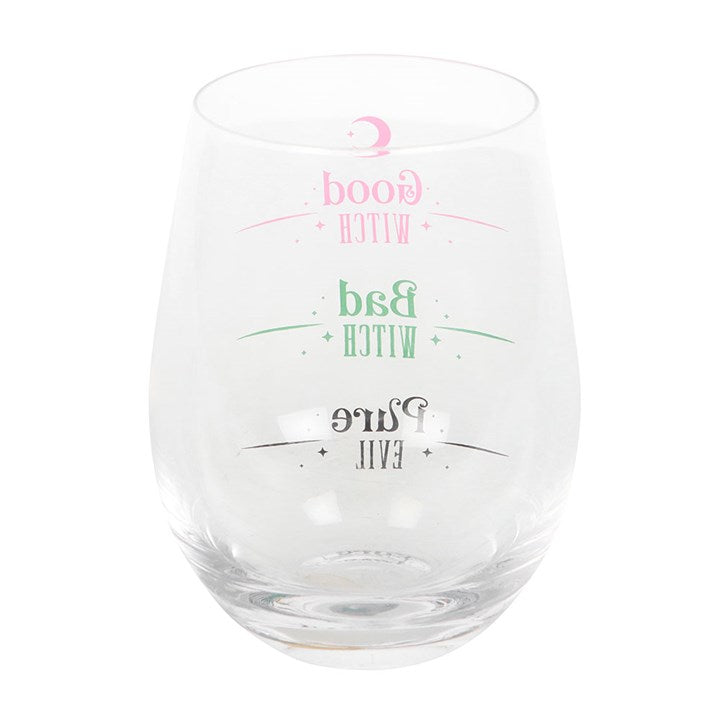 Good Witch, Bad Witch Stemless Glass with playful designs, perfect for sipping potions or prosecco at home.