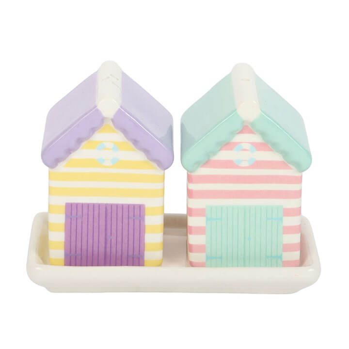 Pastel Beach Hut Salt And Pepper Shakers With Tray Ceramic in soft pastel colors on a matching tray.