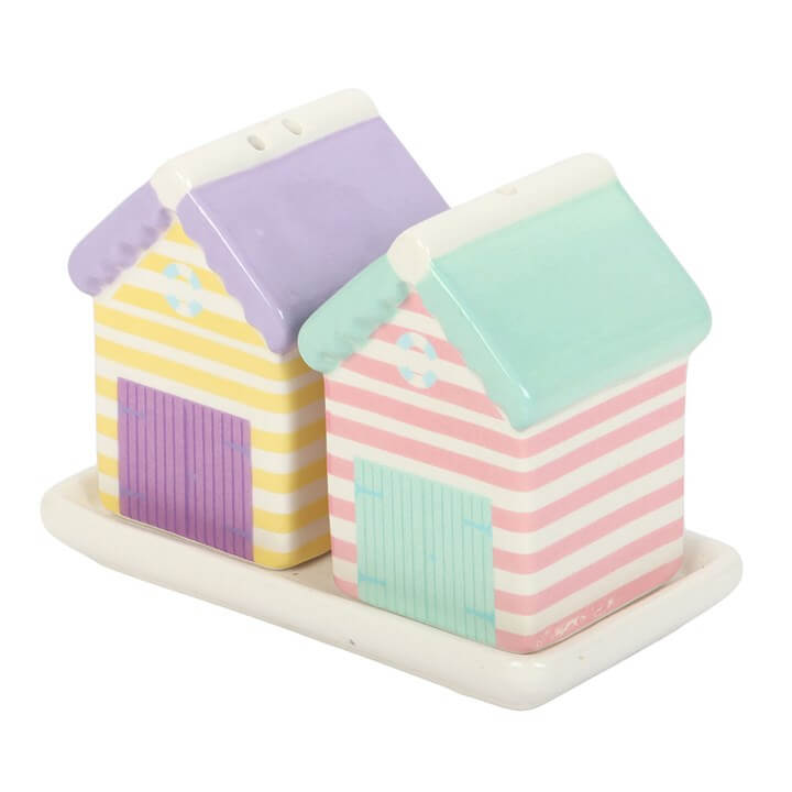 Pastel Beach Hut Salt And Pepper Shakers With Tray Ceramic on white tray, featuring soft pastel colors and charming beach hut design.