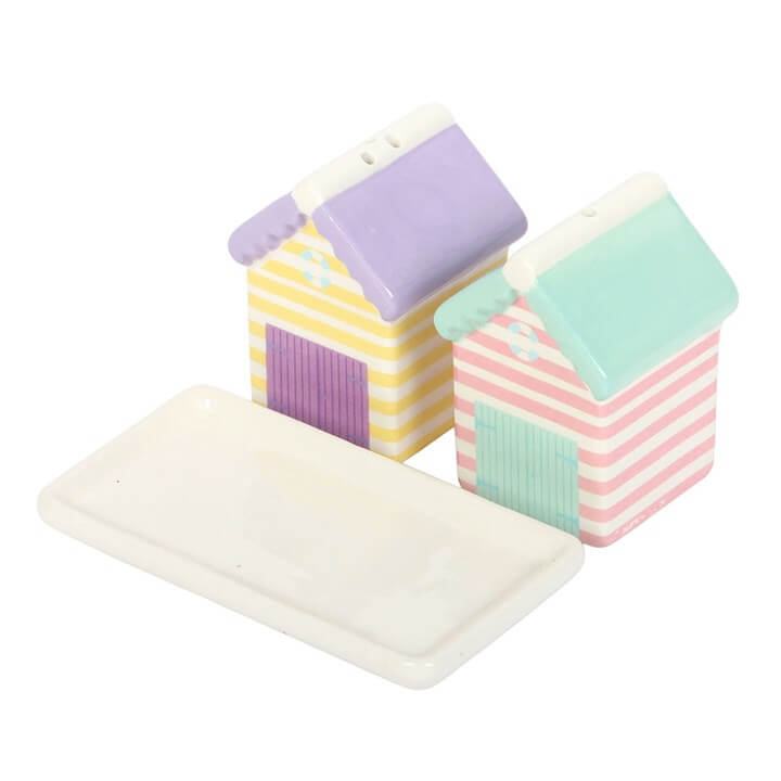 Pastel Beach Hut Salt And Pepper Shakers With Tray Ceramic displayed on a white tray with soft pastel colors.