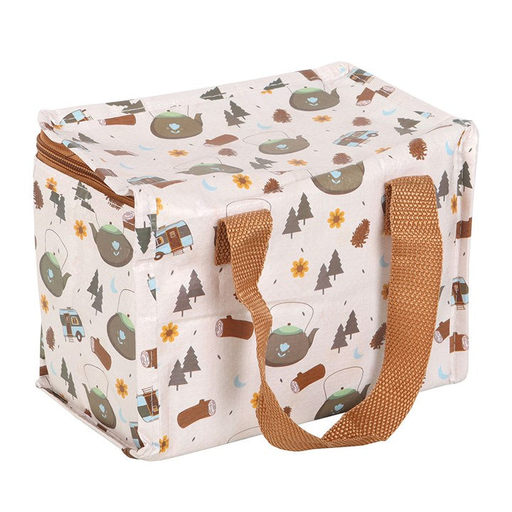 Home on the Road Camping Print Lunch Bag features a fun camping design, perfect for outdoor meals on adventures.