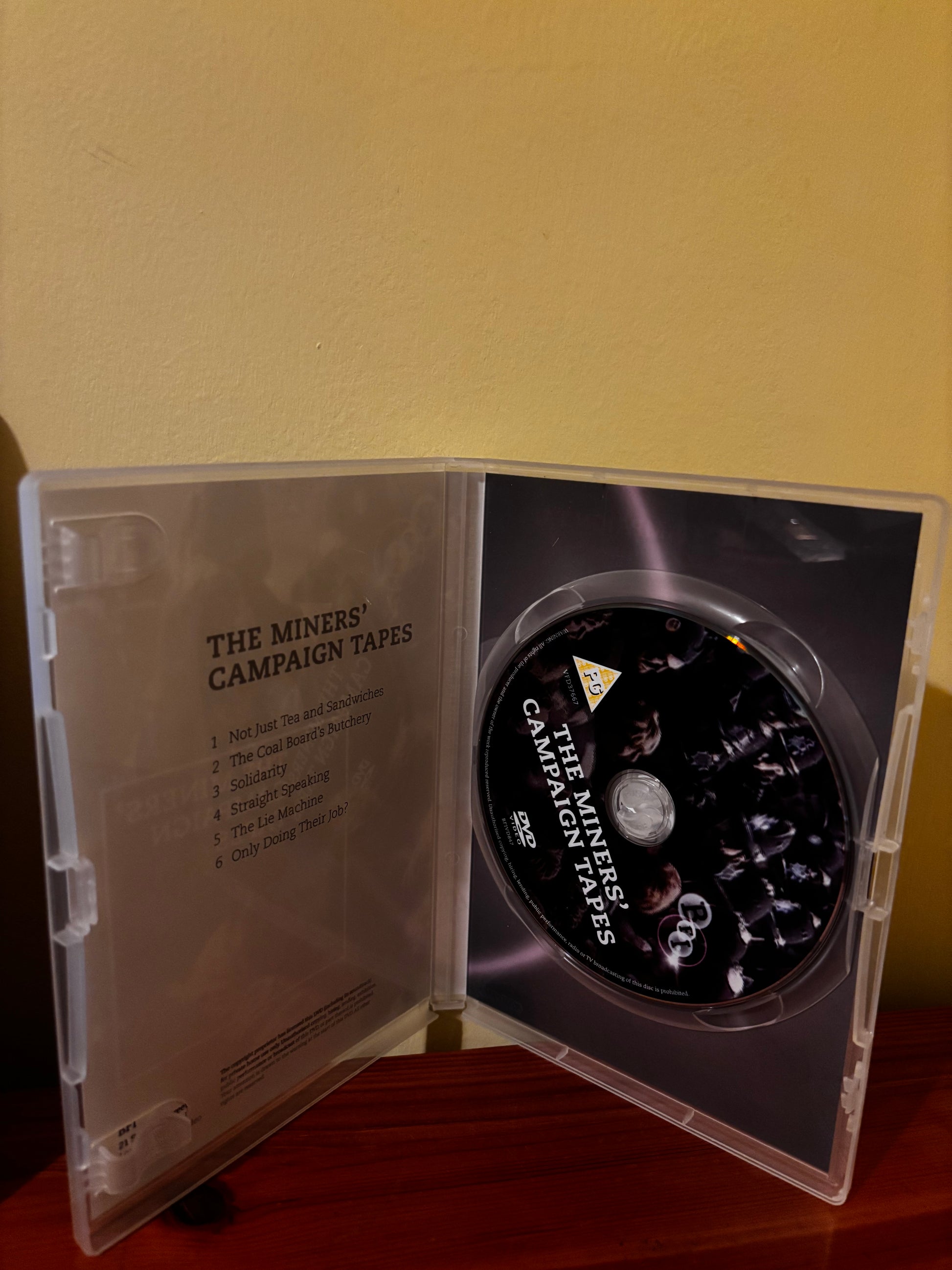 The Miners' Campaign Tapes DVD, BFI; opened case shows disc and tracklist.