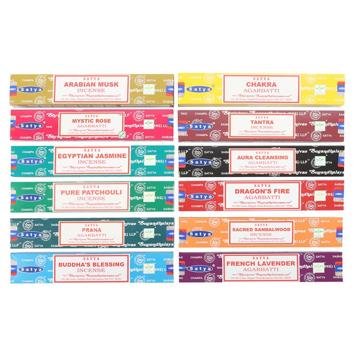 12 Packs of Assorted Fragrance Incense Sticks by Satya showcase a variety of popular scents for aromatic enjoyment.