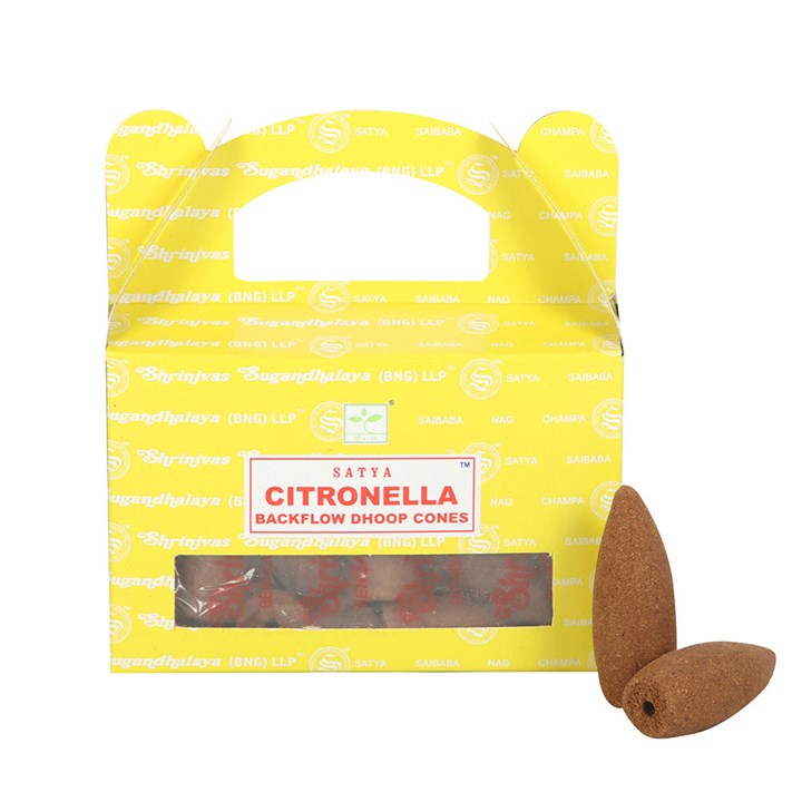 12 Packs of Citronella Backflow Dhoop Incense Cones by Satya, perfect for refreshing spaces and repelling mosquitoes.