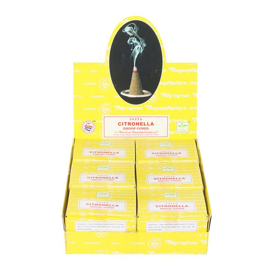 12 Packs of Citronella Dhoop Incense Cones by Satya displayed for a refreshing, mosquito-repelling aroma in any space.