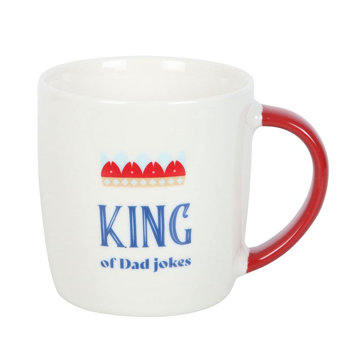 White King of Dad Jokes Mug with red handle and crown design, perfect for pun-loving dads. Ideal gift at [Your Store Name].