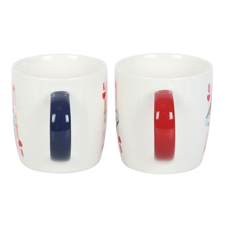Her Ladyship and His Lordship Couples Mug Set features elegant designs with red and navy handles, perfect for couples.