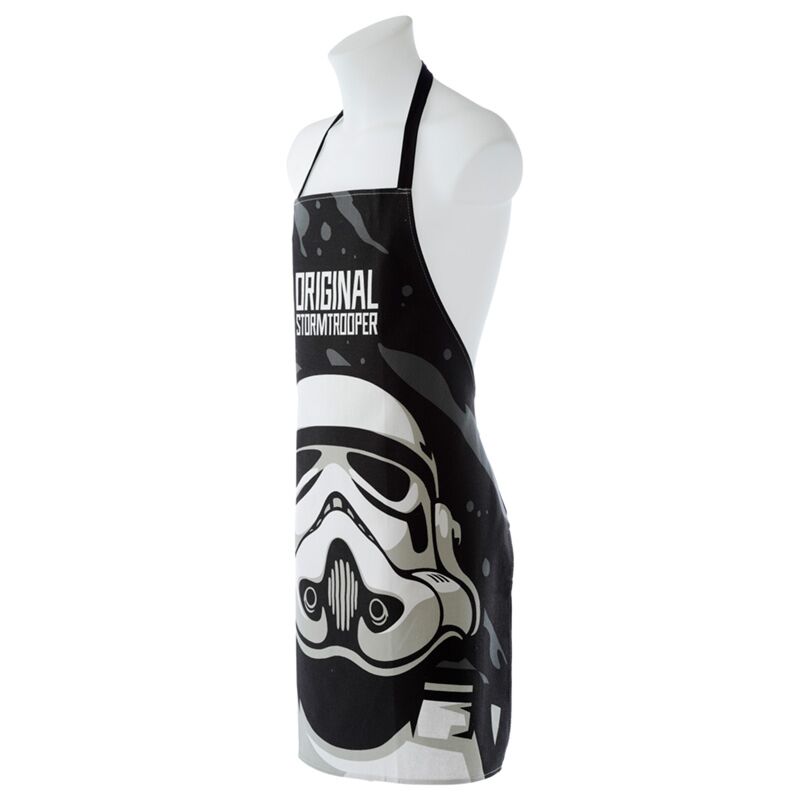 100% cotton apron featuring a large Stormtrooper helmet and 'The Original Stormtrooper' print in black and white.