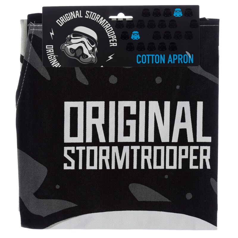 Original Stormtrooper 100% cotton apron with bold white lettering and helmet graphic on black fabric.