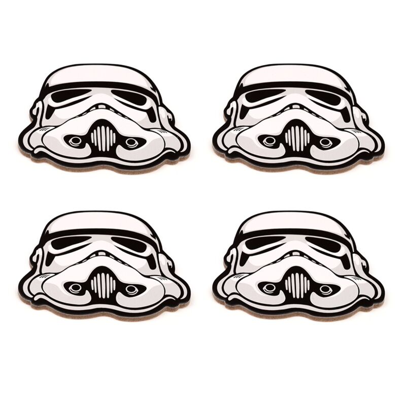 Set of four cork coasters featuring an original Stormtrooper helmet design.