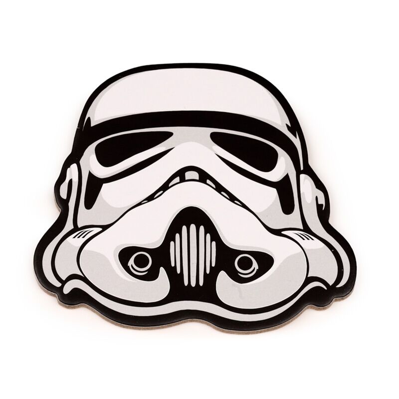 Stormtrooper helmet cork coaster with bold black-and-white design.