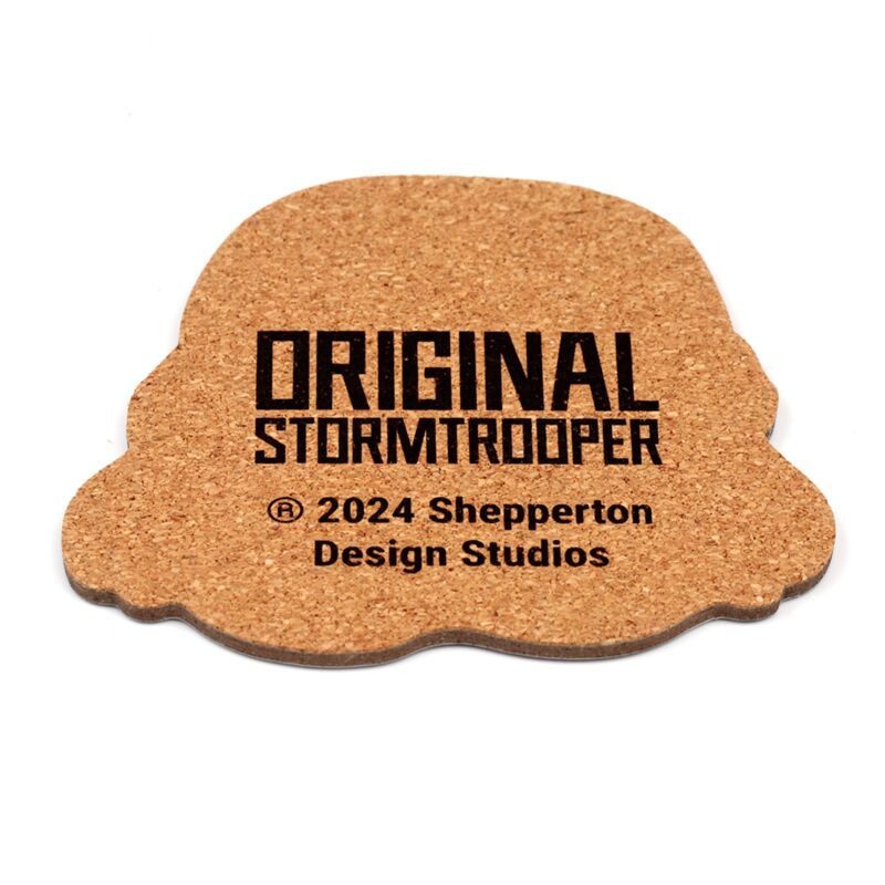 Cork Stormtrooper helmet coaster with Original Stormtrooper branding.