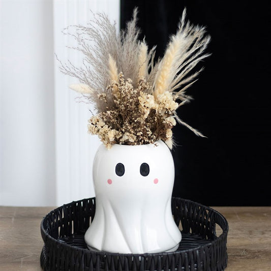 Sweet Ghost Flower Vase displays dried flowers, adding charm to Halloween decor and autumn arrangements.