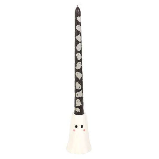 Sweet Ghost Candle Holder with Taper Candle - Unscented adds charm to Halloween décor with its adorable ceramic design.