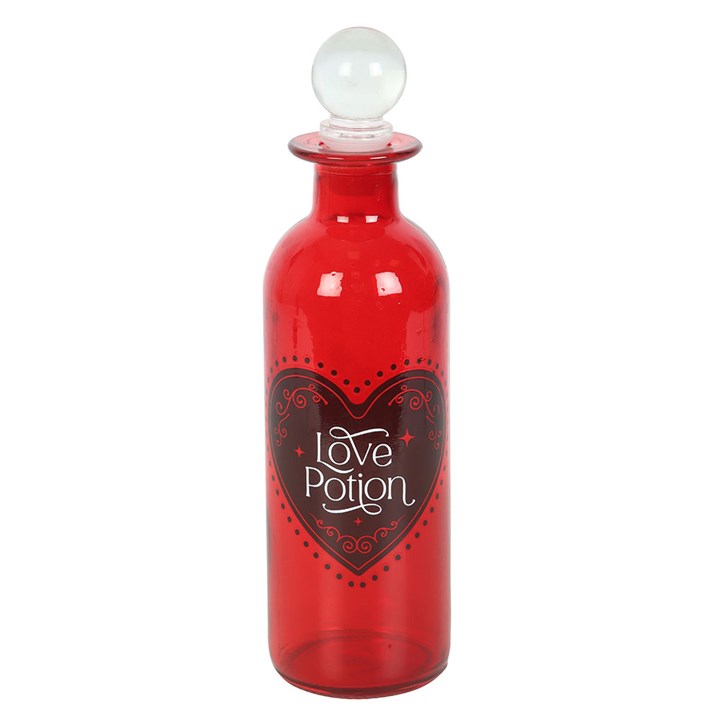 Bright red Decorative Glass Love Potion Bottle with a heart design, perfect for enchanting décor at [STORE NAME].