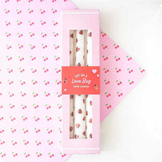 Set of 3 Love Bug Ladybird Taper Candles unscented, perfect for festive table settings and Valentine's Day décor.