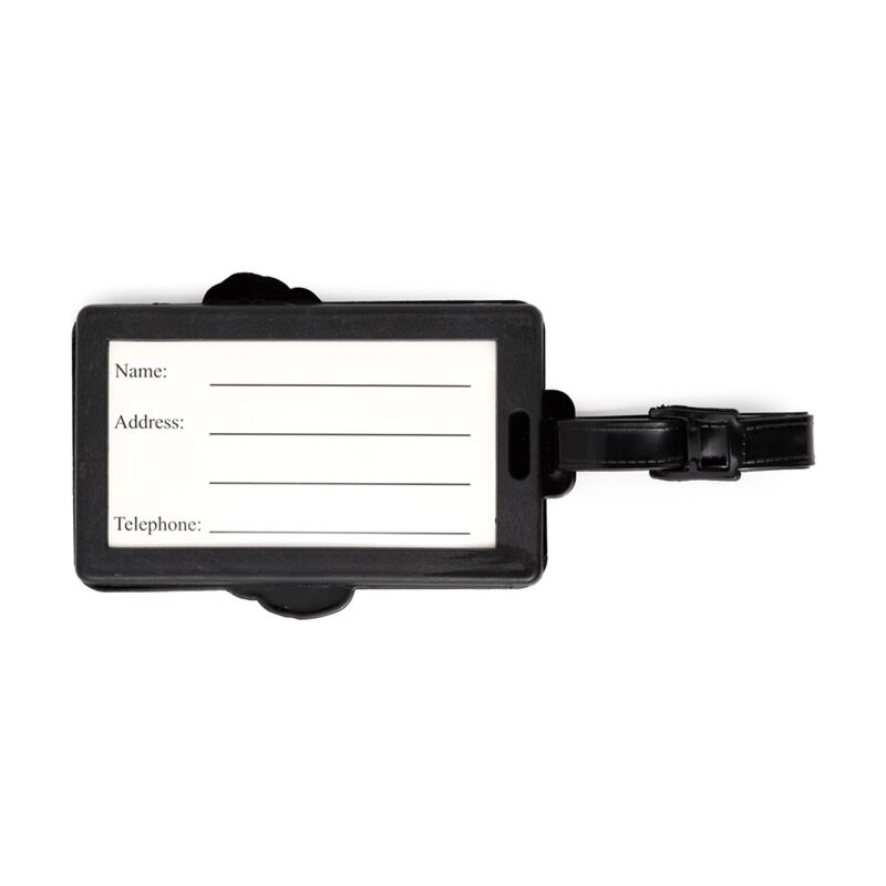 PVC luggage tag with a white label for name, address and telephone, attached strap.