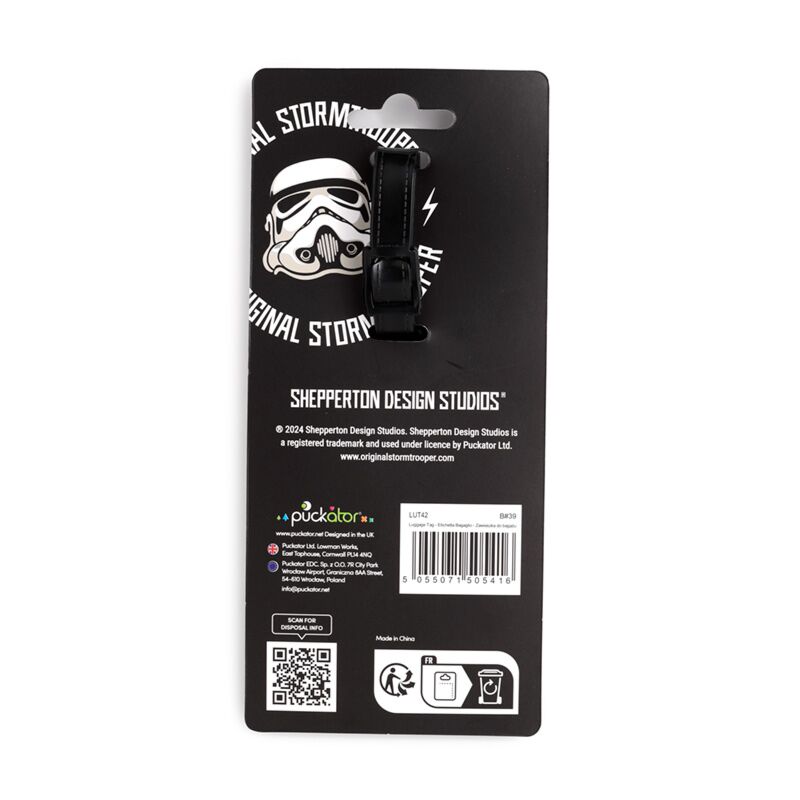 PVC luggage tag featuring Original Stormtrooper helmet design with attached strap on black packaging.