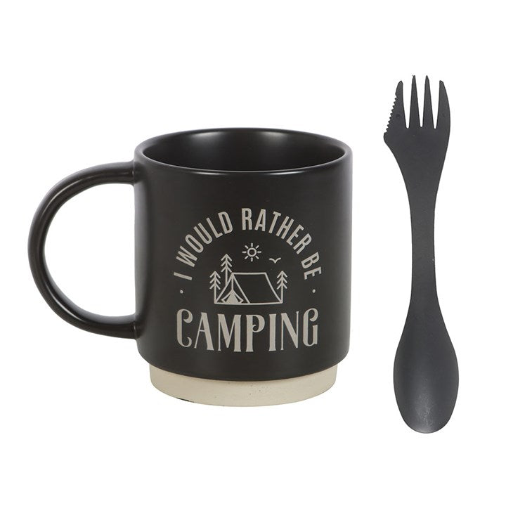 Ceramic I Would Rather Be Camping Mug with 3-in-1 Spork, perfect for outdoor lovers and camping enthusiasts.