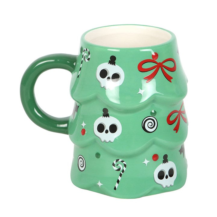 Creepy Christmas Tree Mug featuring spooky skulls, bows, and candy canes for festive mornings with a twist.