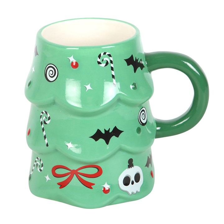 Creepy Christmas Tree Mug featuring a quirky tree design with skulls, candy canes, and festive bows for spooky cheer.