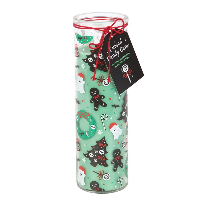 Merry Creepmas Cursed Candy Cane Tube Candle featuring peppermint scent and haunted ginger-dead men design.