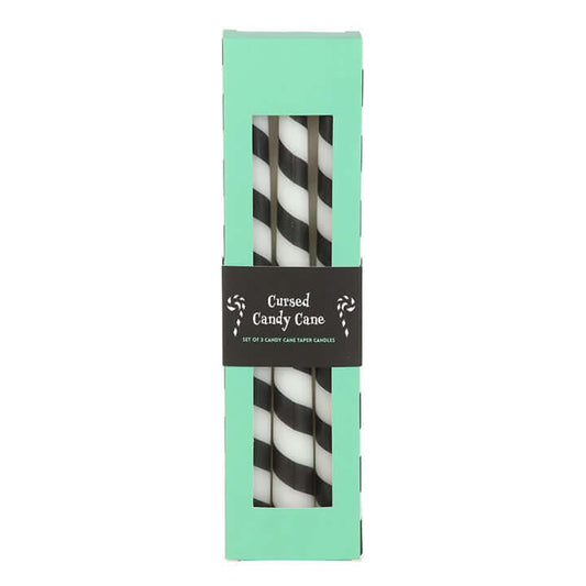 Set of 3 Black Candy Cane Taper Candles - Unscented, perfect for gothic festive decor and alternative Christmas themes.