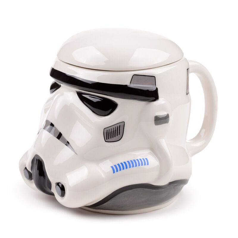 Ceramic Stormtrooper helmet mug with lid, white ceramic with black detailing and blue accents.
